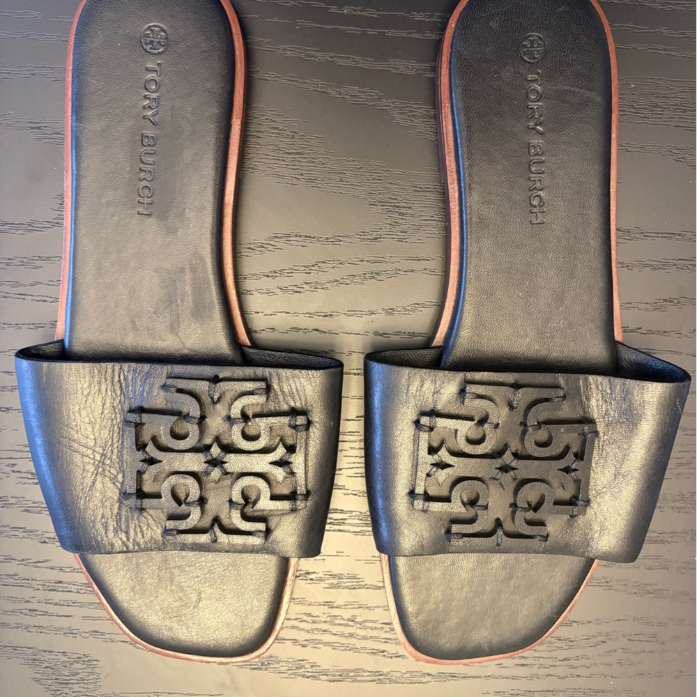 Tory Burch Ines Leather Black Slides Size 6